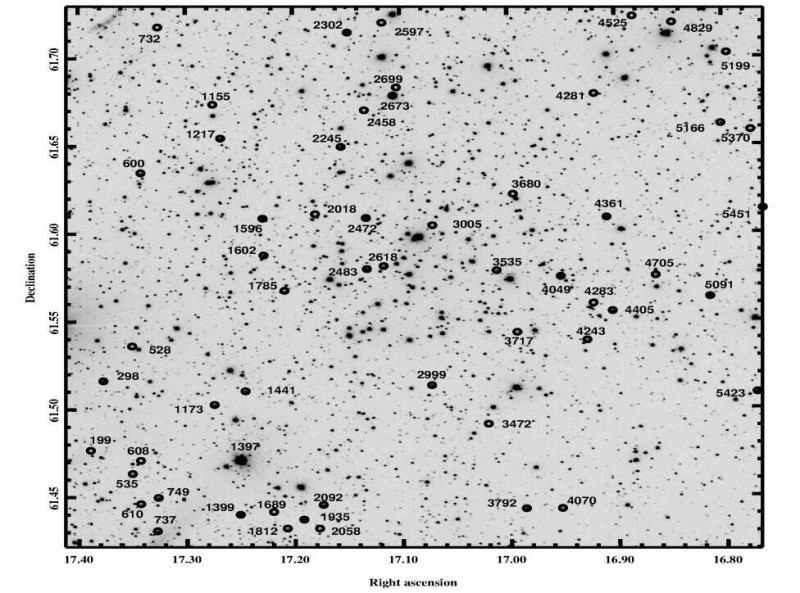 Индийские астрономы обнаружили десятки переменных звёзд в области NGC 381
